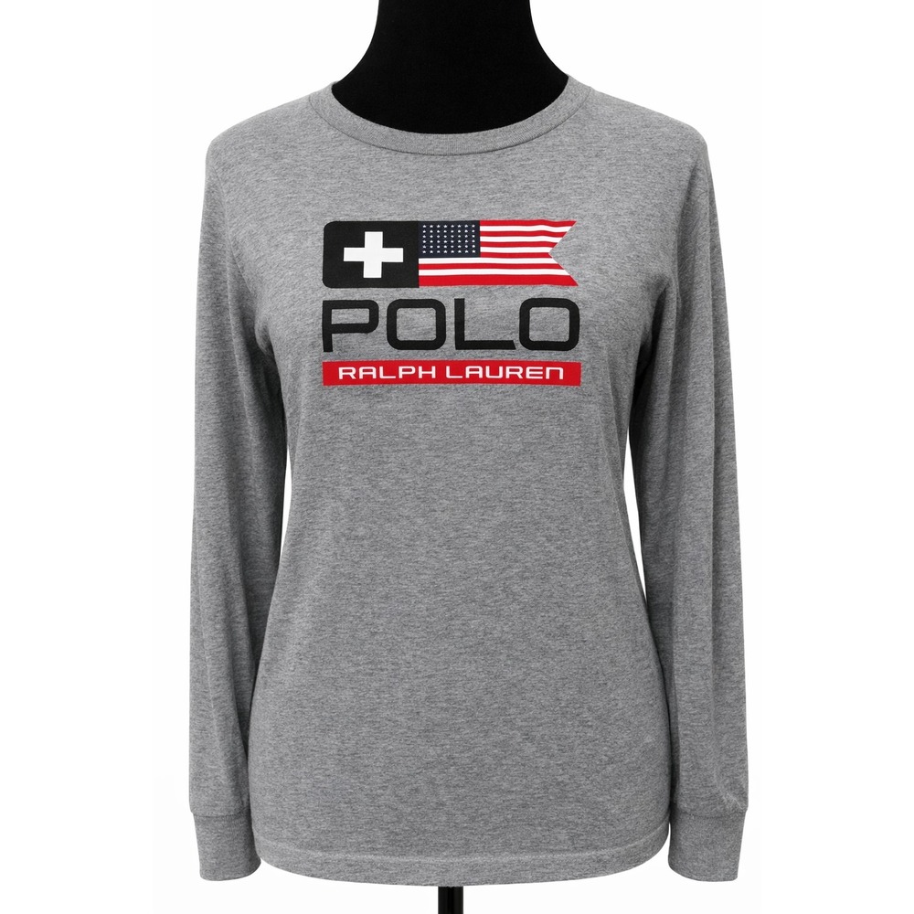 Polo Ralph Lauren Womens Long Sleeve T-Shirt Large Gray Patriotic Flag Cotton